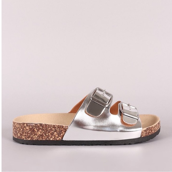 Silver Double Buckle Cork Slide Sandals - Picture 2 of 2